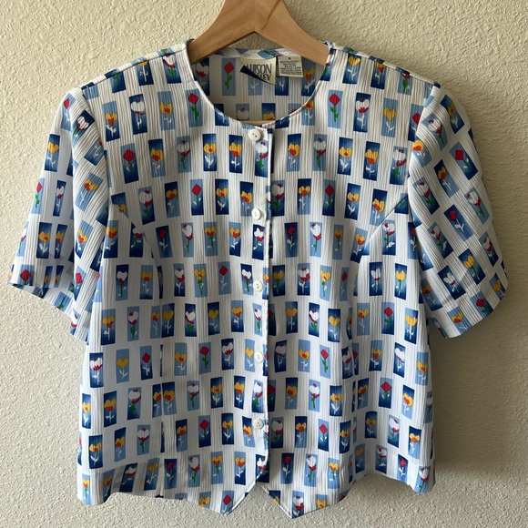 Vintage 90s Tulip Floral Top Button Up Blouse Size 6 - Picture 2 of 5